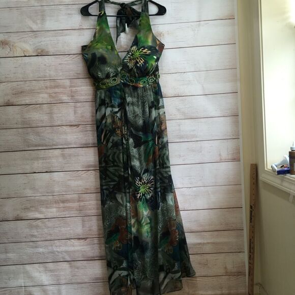 MIDNIGHT VELVET 100% SILK MAXI DRESS IN TROPICAL PRINT - Picture 2 of 12